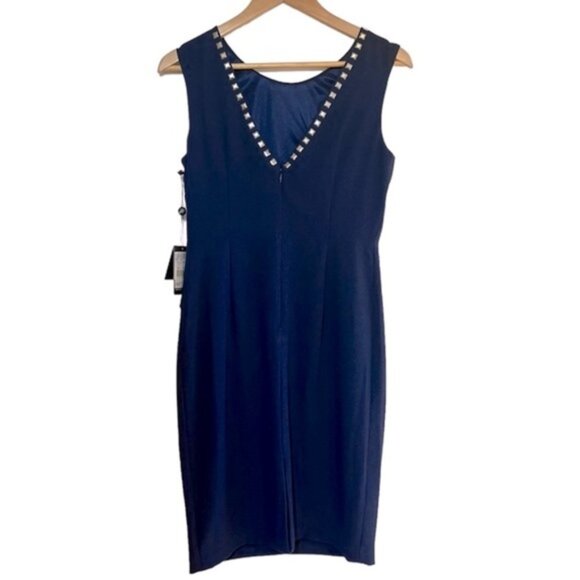 Adrianna Papell navy studded sheath dress with cut out  & asymmetrical seams, NW - Picture 6 of 13